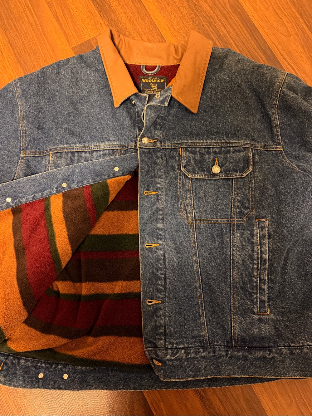 Woolrich Dark Blue Denim Jacket with Brown Leather Collar